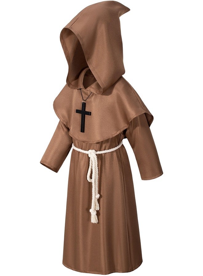 Irtysh Kids Medieval Renaissance Monk Costume Priest Friar Wizard Cloak Hooded Robe Cosplay Costume Belt Necklace Set(BW 150) - Image 3